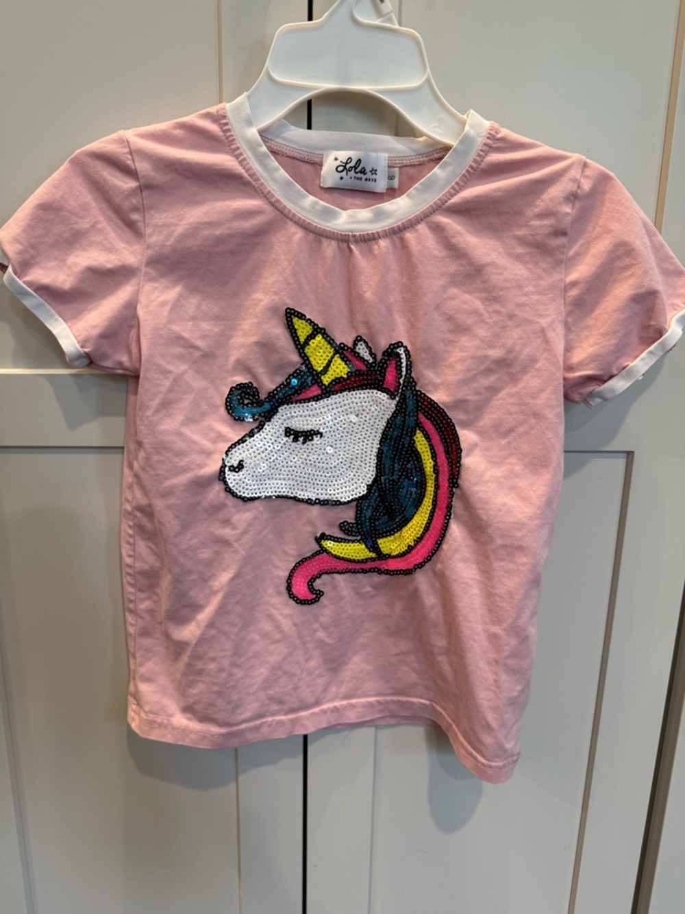 Lola + The Boys Pink Unicorn Sequin Short Sleeve Tee with White Trim
